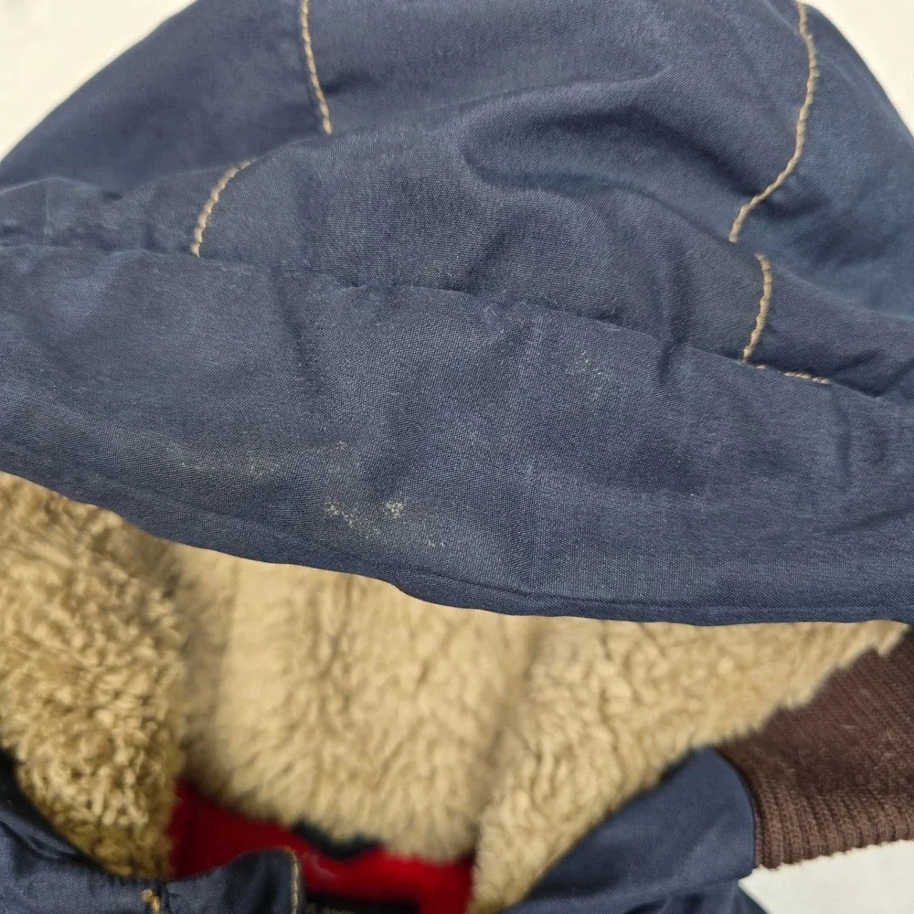 OshKosh B'gosh‎ Sherpa Lined Hooded Winter Jacket Boys Size 4 Navy Blue Patches